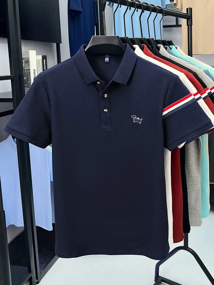 100% pure cotton fashion brand short sleeve polo shirt cute little dog embroidery stripe decoration soft comfort men's T-shirt