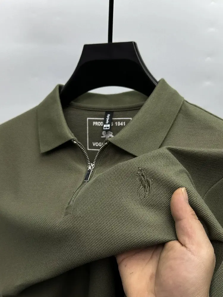 Personality half zipper lapel short sleeve T-shirt high end brand pony embroidery solid color summer breathable men's polo shirt