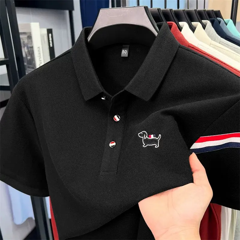 100% pure cotton fashion brand short sleeve polo shirt cute little dog embroidery stripe decoration soft comfort men's T-shirt