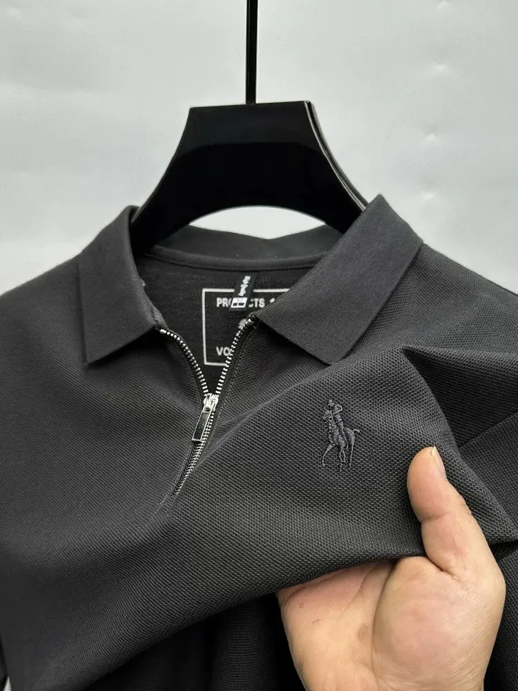 Personality half zipper lapel short sleeve T-shirt high end brand pony embroidery solid color summer breathable men's polo shirt
