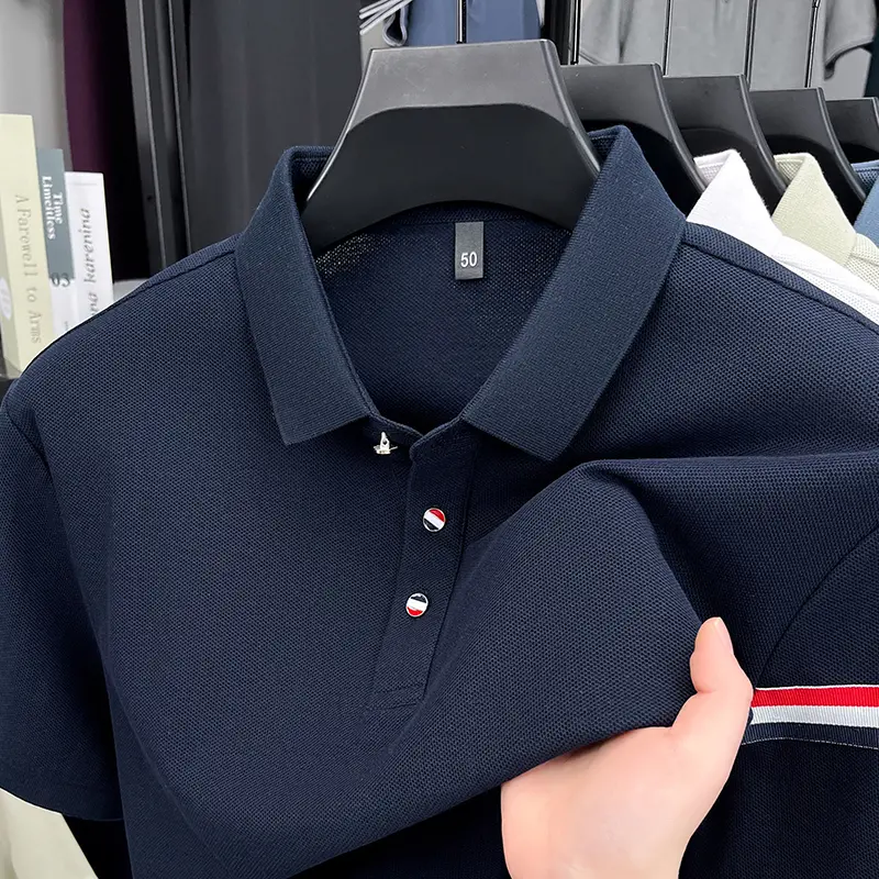 Advanced 100% pure cotton men's short sleeve polo shirt soft comfort personality dual color stripe decoration fashion T-shirt