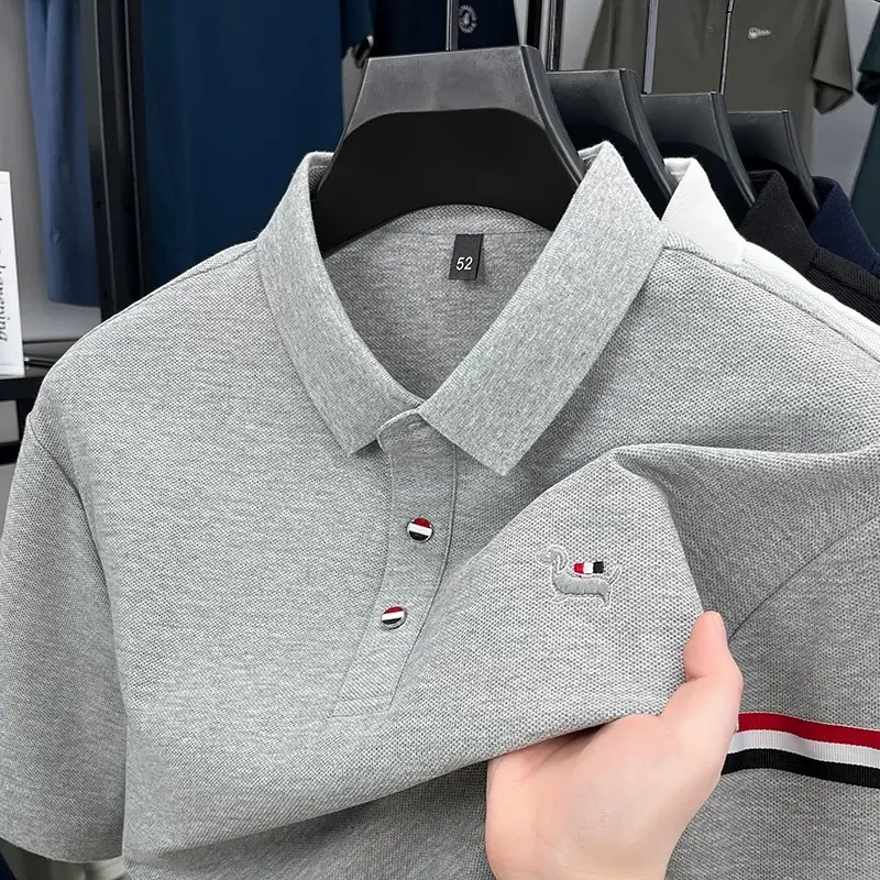 100% pure cotton fashion brand short sleeve polo shirt cute little dog embroidery stripe decoration soft comfort men's T-shirt