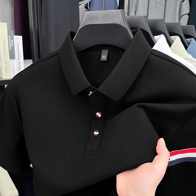 Advanced 100% pure cotton men's short sleeve polo shirt soft comfort personality dual color stripe decoration fashion T-shirt