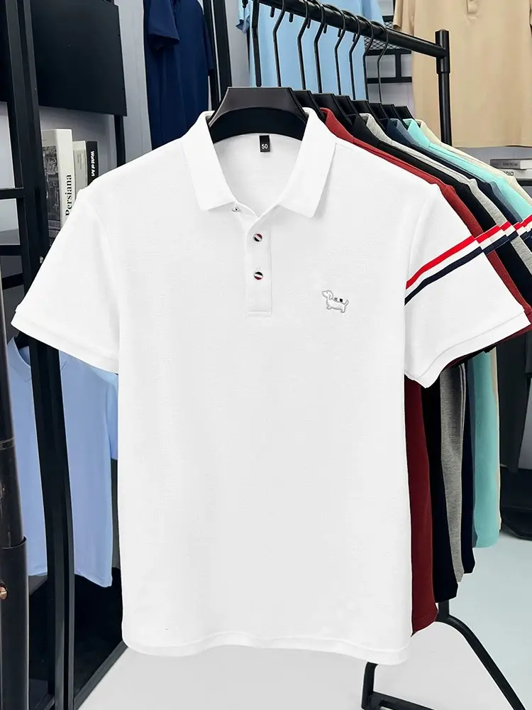 100% pure cotton fashion brand short sleeve polo shirt cute little dog embroidery stripe decoration soft comfort men's T-shirt