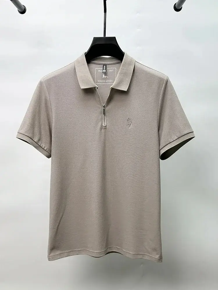 Personality half zipper lapel short sleeve T-shirt high end brand pony embroidery solid color summer breathable men's polo shirt
