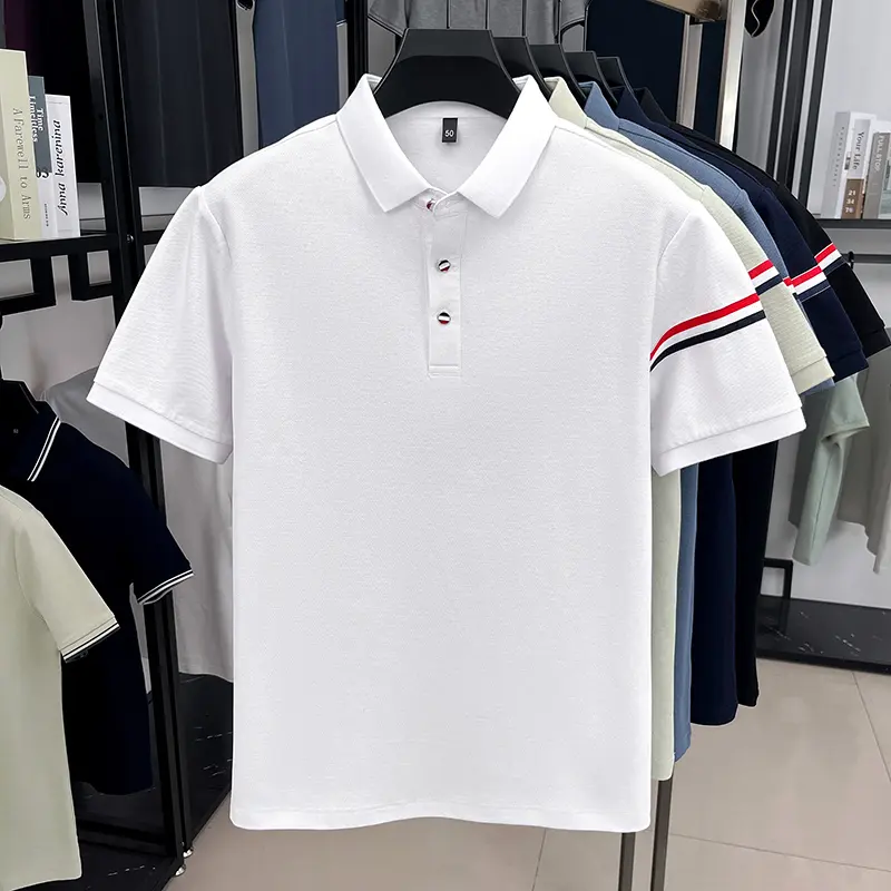 Advanced 100% pure cotton men's short sleeve polo shirt soft comfort personality dual color stripe decoration fashion T-shirt