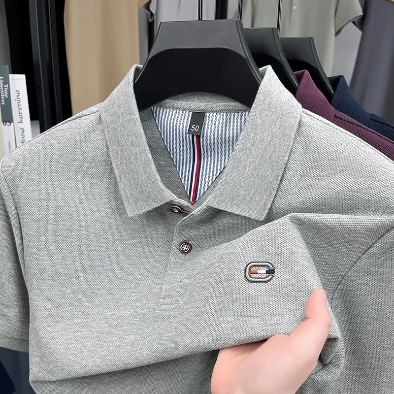 Brand 100% pure cotton men's short sleeve polo shirt high-end embroidery summer breathable solid color business casual T-shirt