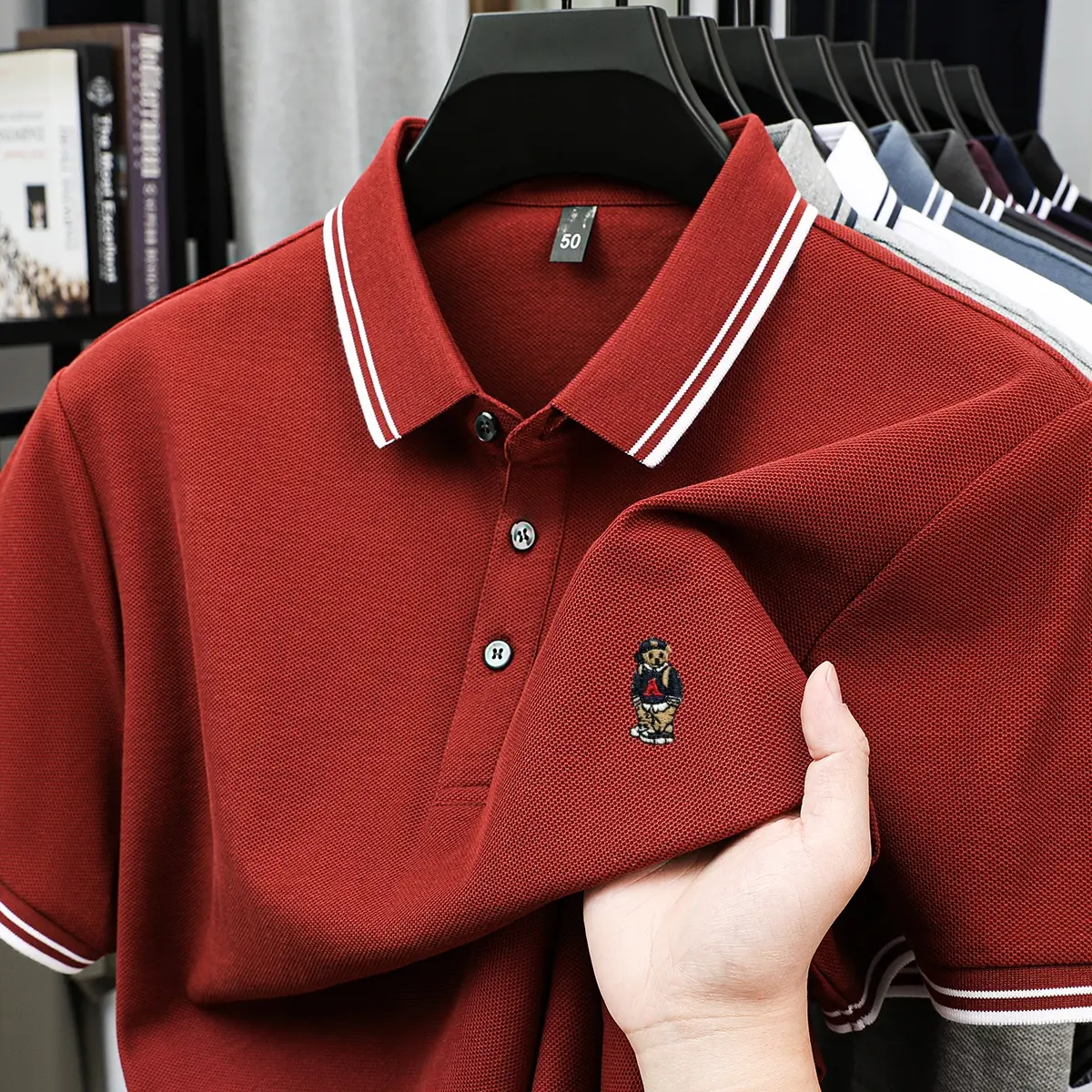 Fashion cartoon bear embroidery 100% cotton short sleeve polo shirt brand new stripe decoration lapel T-shirt comfort men's wear