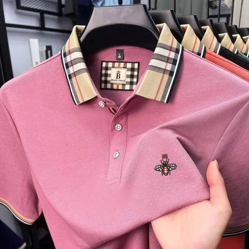 Luxury men's silk cotton short sleeve polo shirt summer fashion brand bee embroidery business casual color blocked lapel T-shirt