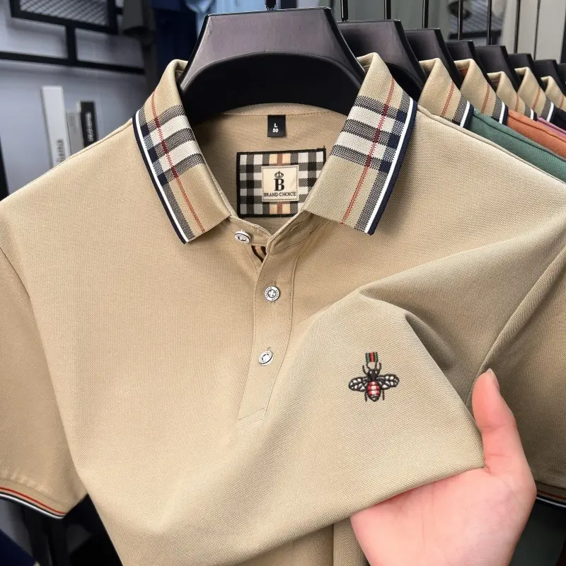 Luxury men's silk cotton short sleeve polo shirt summer fashion brand bee embroidery business casual color blocked lapel T-shirt