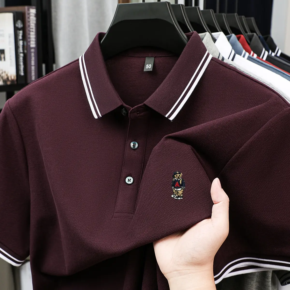 Fashion cartoon bear embroidery 100% cotton short sleeve polo shirt brand new stripe decoration lapel T-shirt comfort men's wear