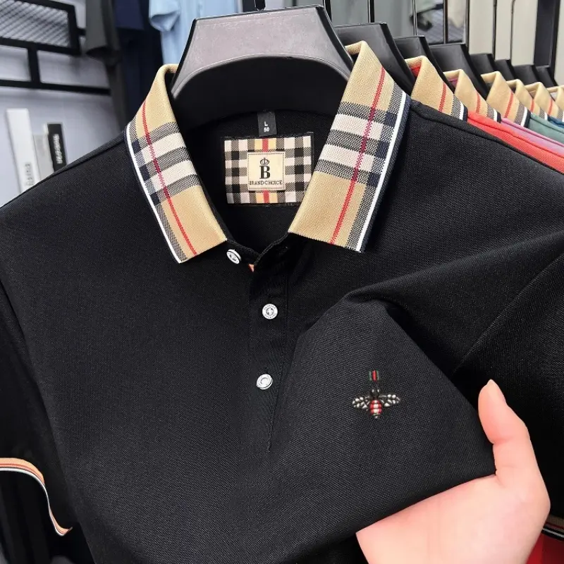 Luxury men's silk cotton short sleeve polo shirt summer fashion brand bee embroidery business casual color blocked lapel T-shirt