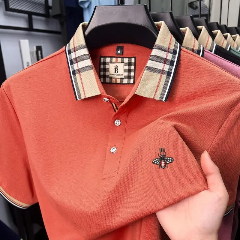 Luxury men's silk cotton short sleeve polo shirt summer fashion brand bee embroidery business casual color blocked lapel T-shirt
