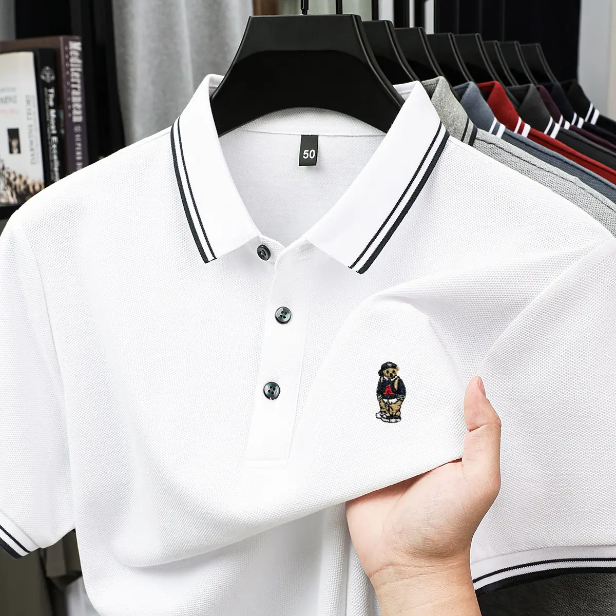 Fashion cartoon bear embroidery 100% cotton short sleeve polo shirt brand new stripe decoration lapel T-shirt comfort men's wear