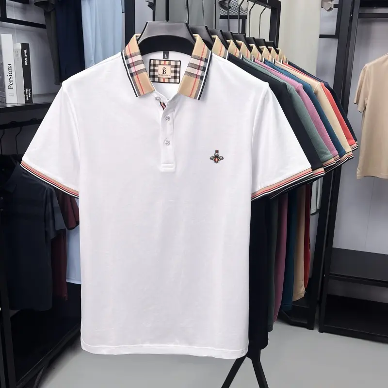 Luxury men's silk cotton short sleeve polo shirt summer fashion brand bee embroidery business casual color blocked lapel T-shirt