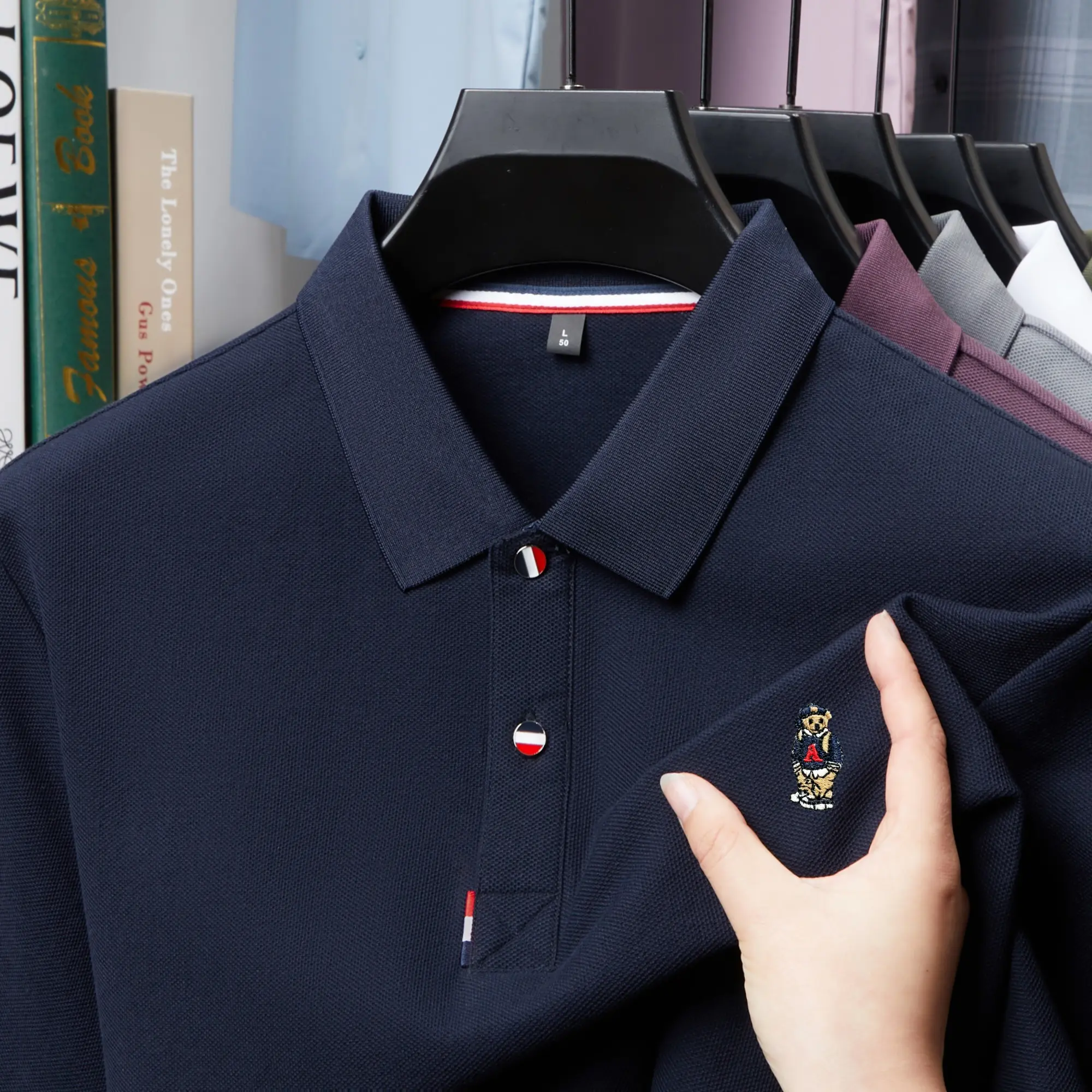 100% cotton luxury trend brand short sleeve polo shirt fashion cartoon bear embroidery summer solid color comfort men's T-shirt
