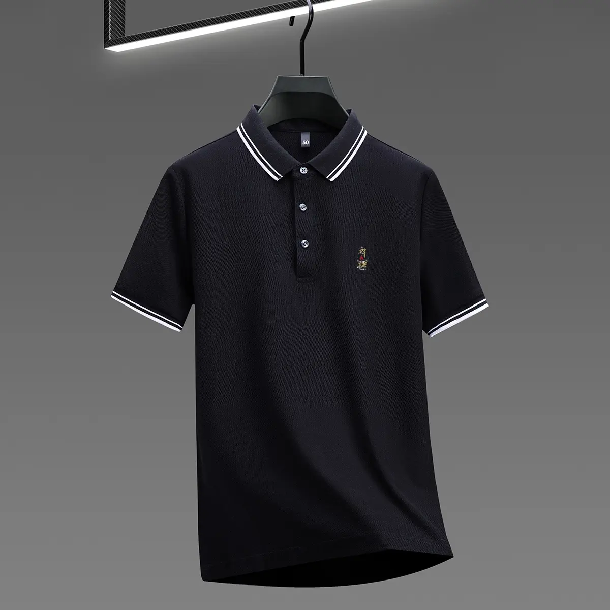 Fashion cartoon bear embroidery 100% cotton short sleeve polo shirt brand new stripe decoration lapel T-shirt comfort men's wear