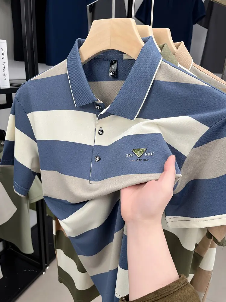 High end brand short sleeve polo shirt men 2025summer trendy new personalized embossed striped lapel T-shirt casual men's wear