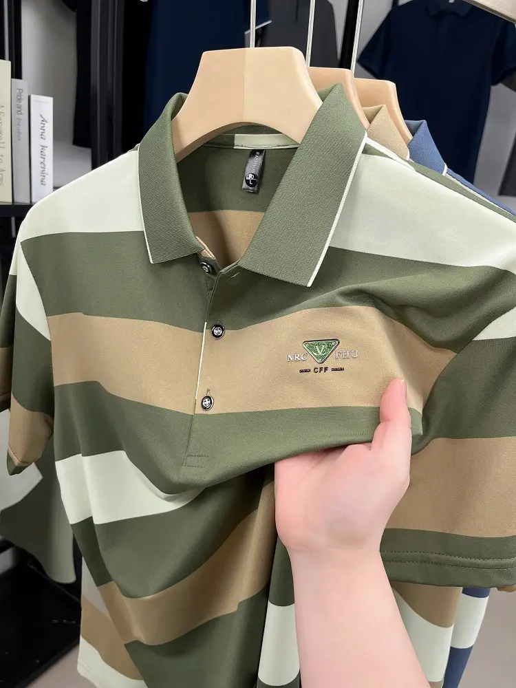 High end brand short sleeve polo shirt men 2025summer trendy new personalized embossed striped lapel T-shirt casual men's wear