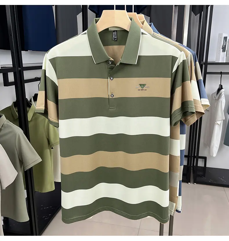 High end brand short sleeve polo shirt men 2025summer trendy new personalized embossed striped lapel T-shirt casual men's wear