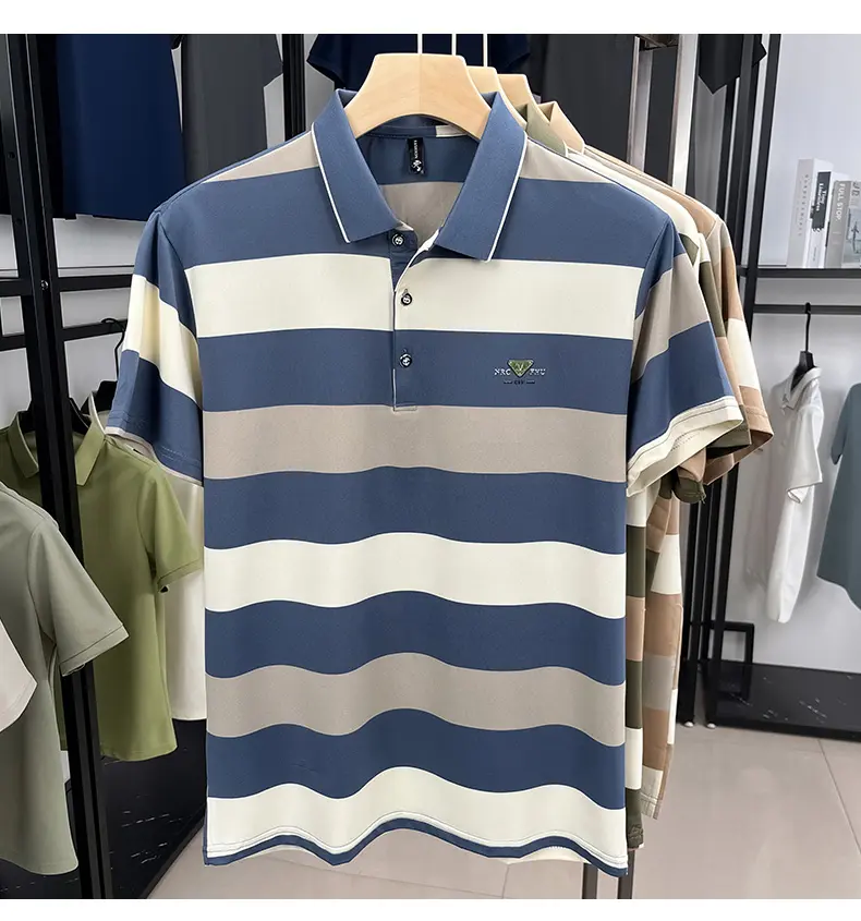 High end brand short sleeve polo shirt men 2025summer trendy new personalized embossed striped lapel T-shirt casual men's wear