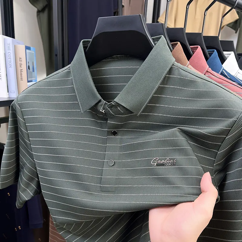 High quality fashion striped short sleeve polo shirt summer breathable lapel T-shirt brand letter embroidery casual men's wear