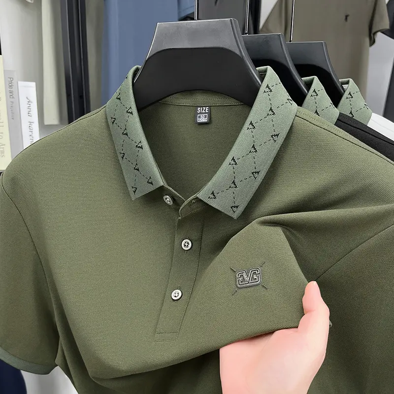 Advanced fashion men short sleeve polo shirt summer brand emboss new breathable personality jacquard color blocked lapel T-shirt