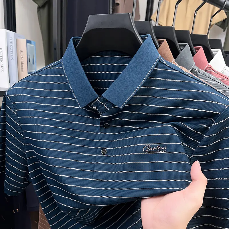 High quality fashion striped short sleeve polo shirt summer breathable lapel T-shirt brand letter embroidery casual men's wear
