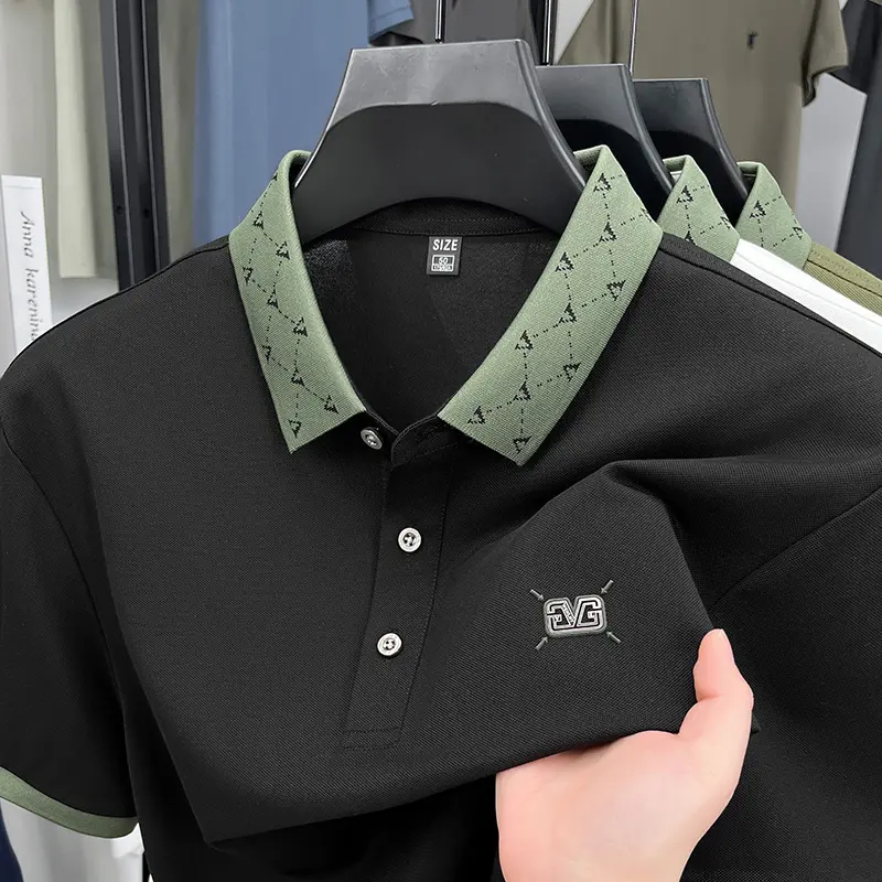 Advanced fashion men short sleeve polo shirt summer brand emboss new breathable personality jacquard color blocked lapel T-shirt