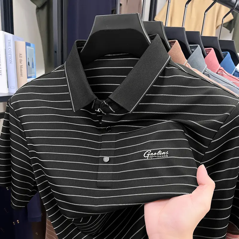 High quality fashion striped short sleeve polo shirt summer breathable lapel T-shirt brand letter embroidery casual men's wear