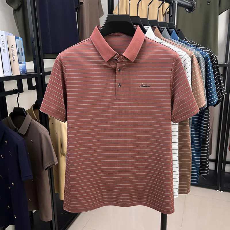 High quality fashion striped short sleeve polo shirt summer breathable lapel T-shirt brand letter embroidery casual men's wear
