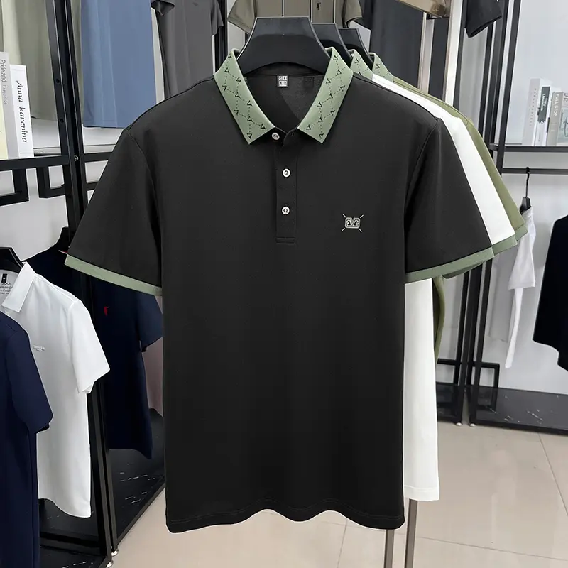 Advanced fashion men short sleeve polo shirt summer brand emboss new breathable personality jacquard color blocked lapel T-shirt