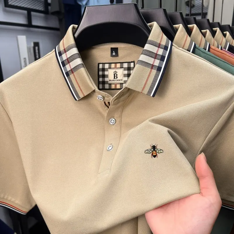 Personalized plaid lapel short sleeve T-shirt men's luxury brand exquisite bee embroidery comfortable and breathable polo shirt