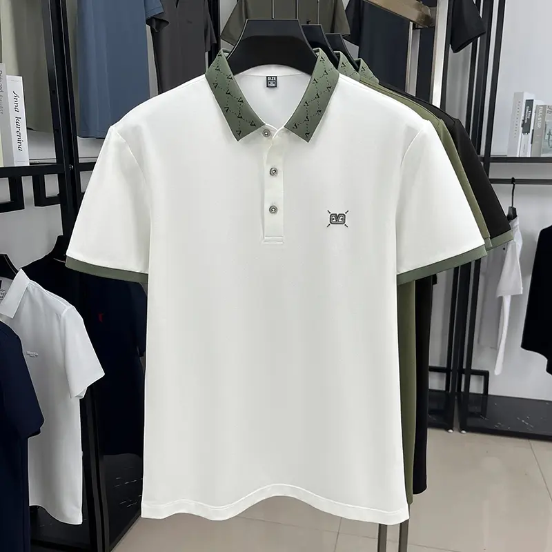 Advanced fashion men short sleeve polo shirt summer brand emboss new breathable personality jacquard color blocked lapel T-shirt