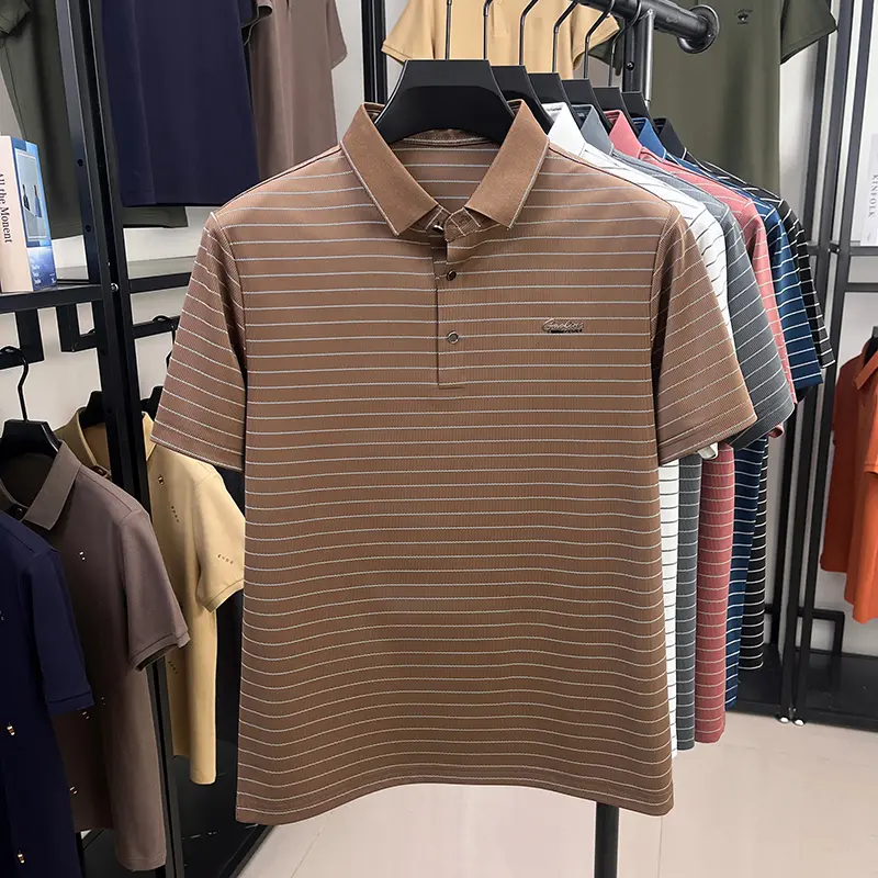 High quality fashion striped short sleeve polo shirt summer breathable lapel T-shirt brand letter embroidery casual men's wear