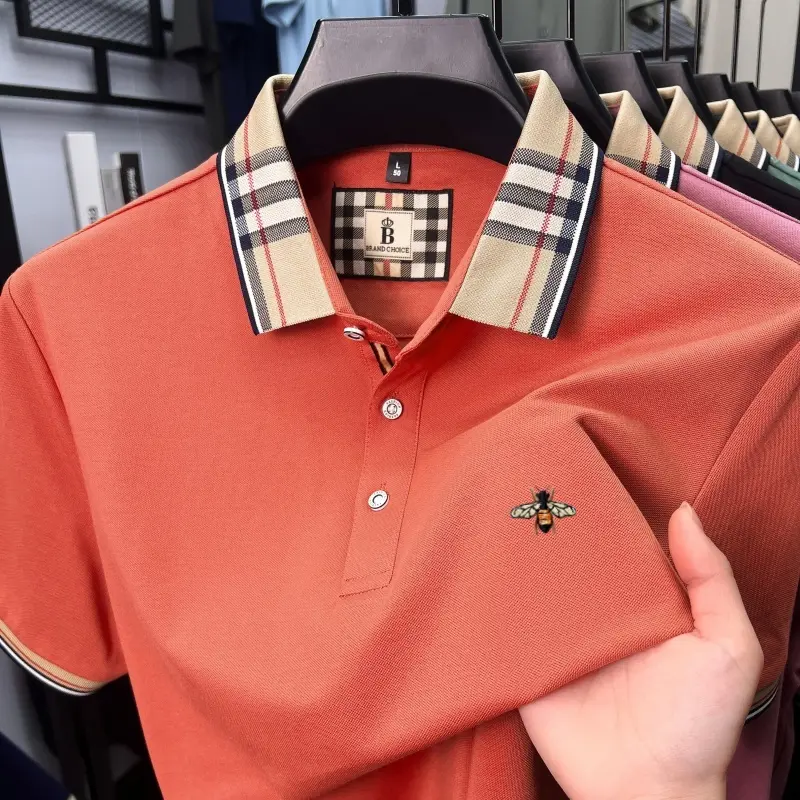 Personalized plaid lapel short sleeve T-shirt men's luxury brand exquisite bee embroidery comfortable and breathable polo shirt