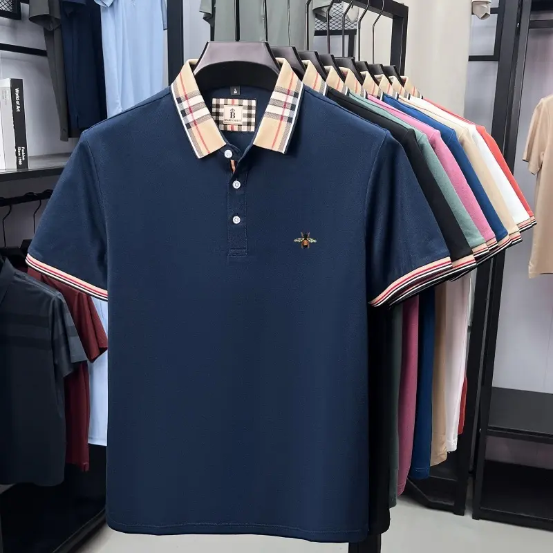 Personalized plaid lapel short sleeve T-shirt men's luxury brand exquisite bee embroidery comfortable and breathable polo shirt