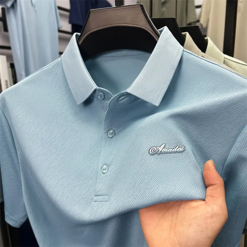 Advanced silk cotton men's short sleeve polo shirt personality lines textures solid color letter embossed breathable new T-shirt