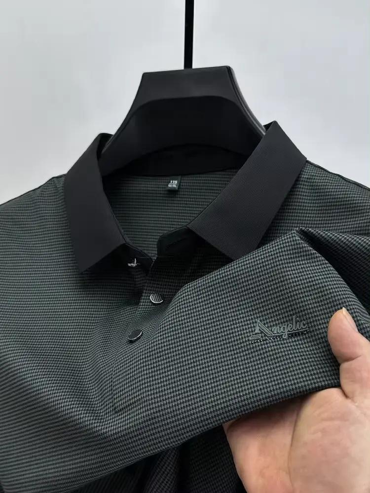 High end brand ice silk short sleeve T-shirt men's summer new fashion plaid letter design cool and breathable casual POLO shirt