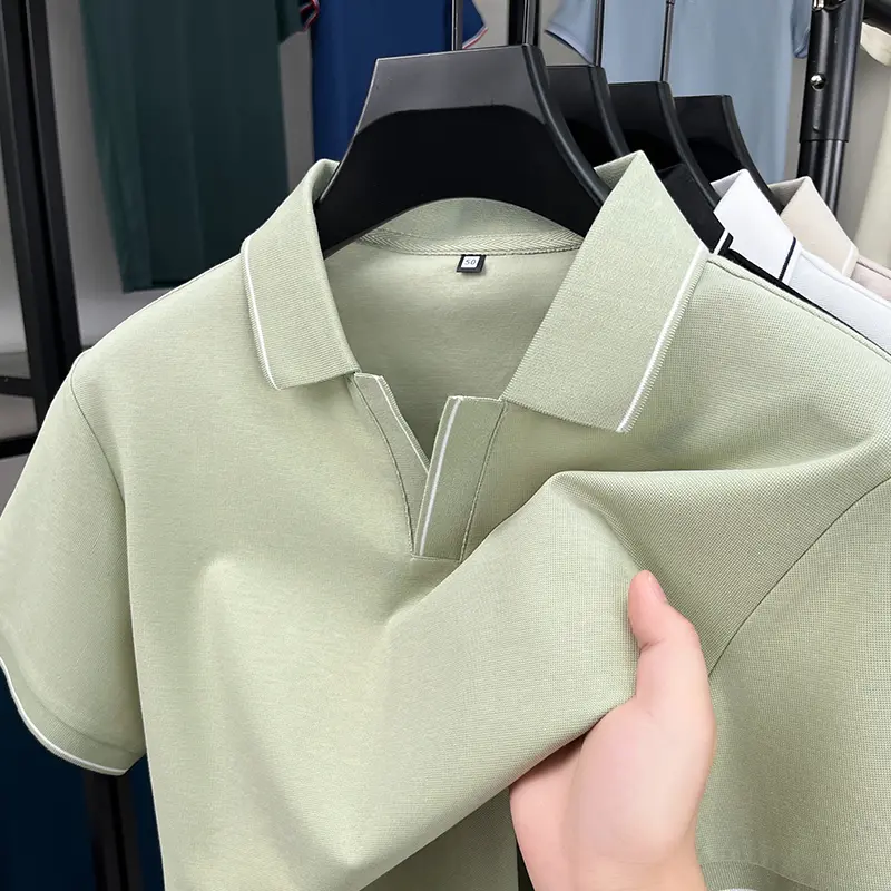 High-end solid color men short sleeve polo shirt fashion simple 2025summer new business casual personalized V-neck lapel T-shirt