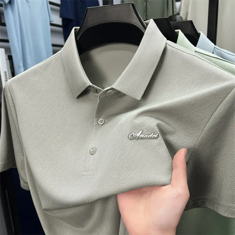 Advanced silk cotton men's short sleeve polo shirt personality lines textures solid color letter embossed breathable new T-shirt