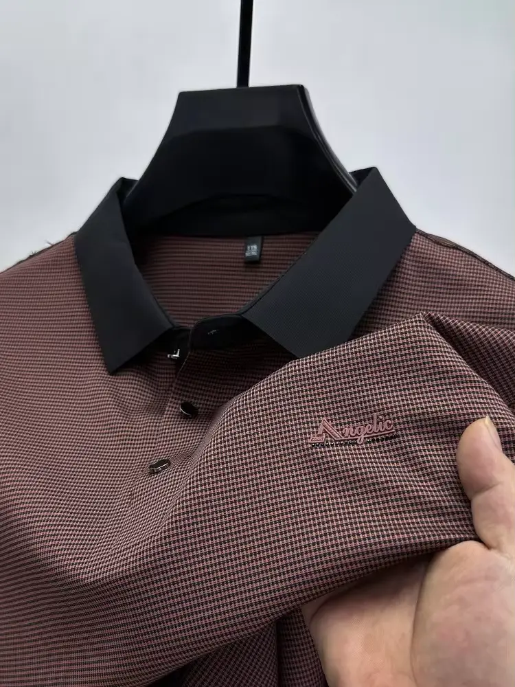 High end brand ice silk short sleeve T-shirt men's summer new fashion plaid letter design cool and breathable casual POLO shirt