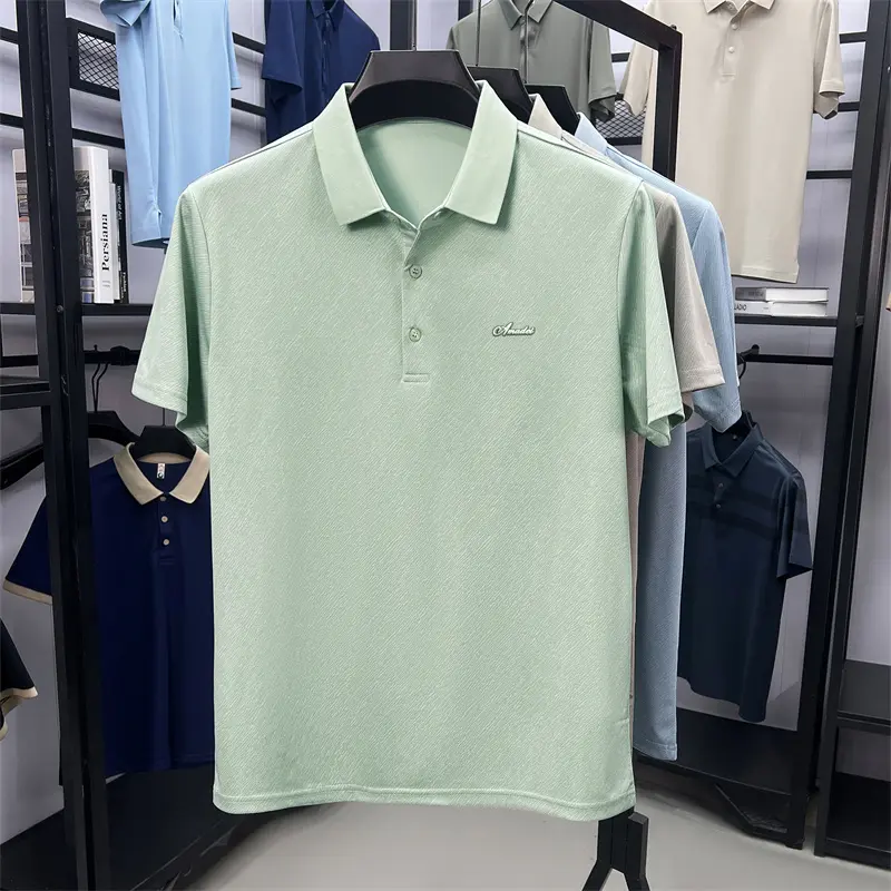 Advanced silk cotton men's short sleeve polo shirt personality lines textures solid color letter embossed breathable new T-shirt