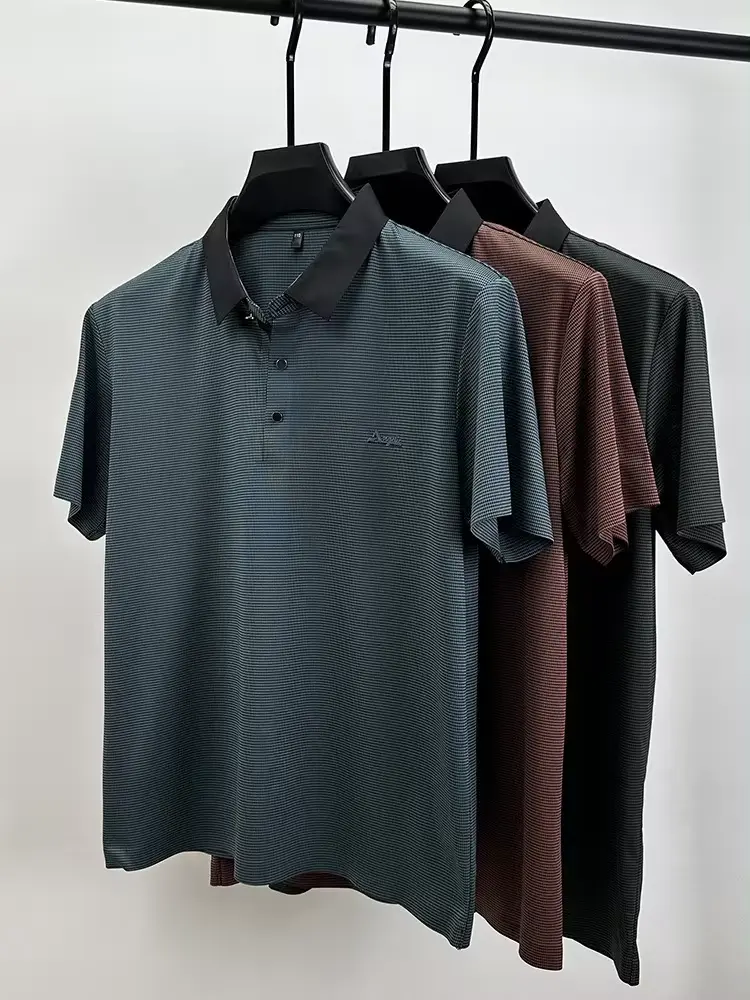 High end brand ice silk short sleeve T-shirt men's summer new fashion plaid letter design cool and breathable casual POLO shirt