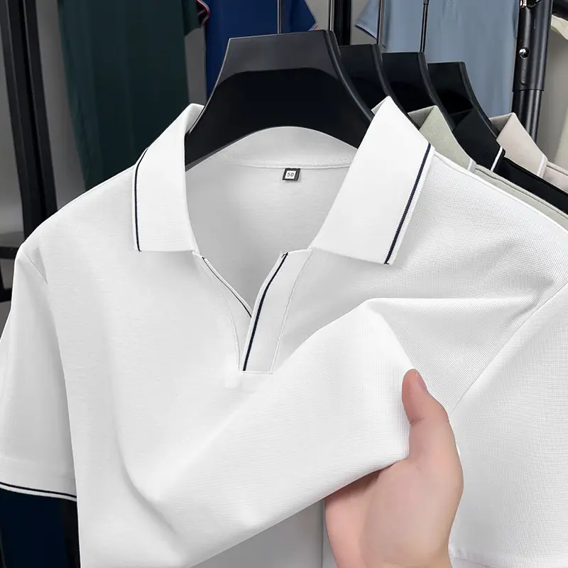 High-end solid color men short sleeve polo shirt fashion simple 2025summer new business casual personalized V-neck lapel T-shirt