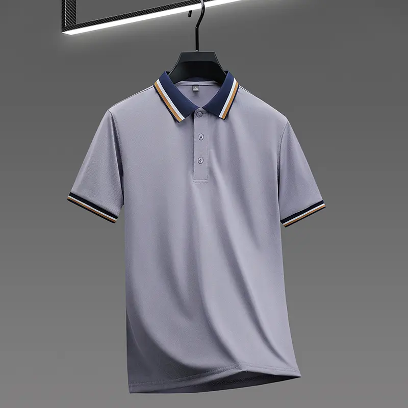 Luxury fashion short sleeve polo shirt men summer high-end ice silk breathable personality striped color matching lapel T-shirt