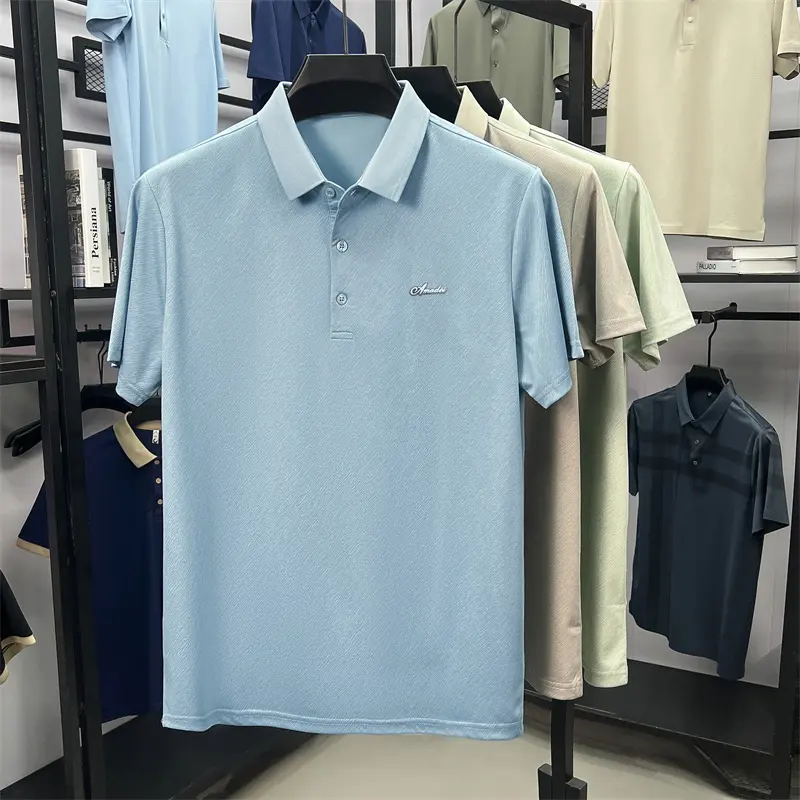 Advanced silk cotton men's short sleeve polo shirt personality lines textures solid color letter embossed breathable new T-shirt