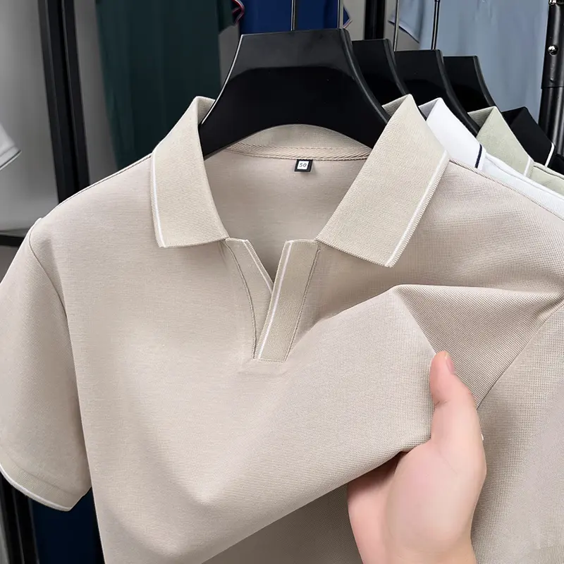 High-end solid color men short sleeve polo shirt fashion simple 2025summer new business casual personalized V-neck lapel T-shirt