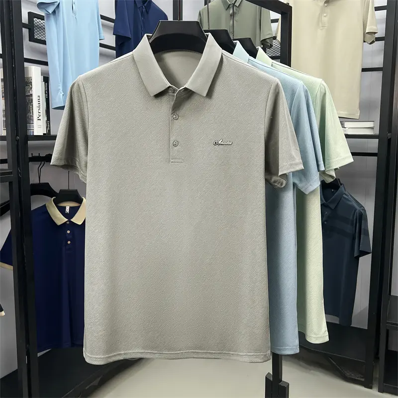 Advanced silk cotton men's short sleeve polo shirt personality lines textures solid color letter embossed breathable new T-shirt
