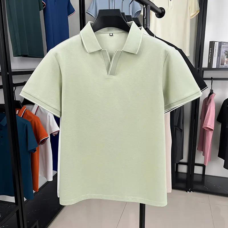 High-end solid color men short sleeve polo shirt fashion simple 2025summer new business casual personalized V-neck lapel T-shirt
